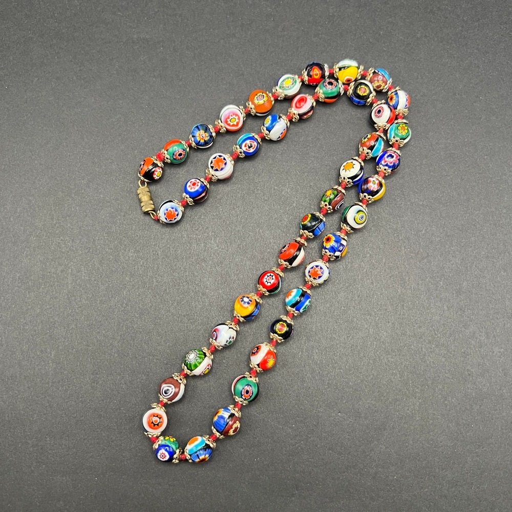 Vintage Venetian Millefiori Glass Beaded Necklace Hand Knotted 24" - Picture 8 of 10